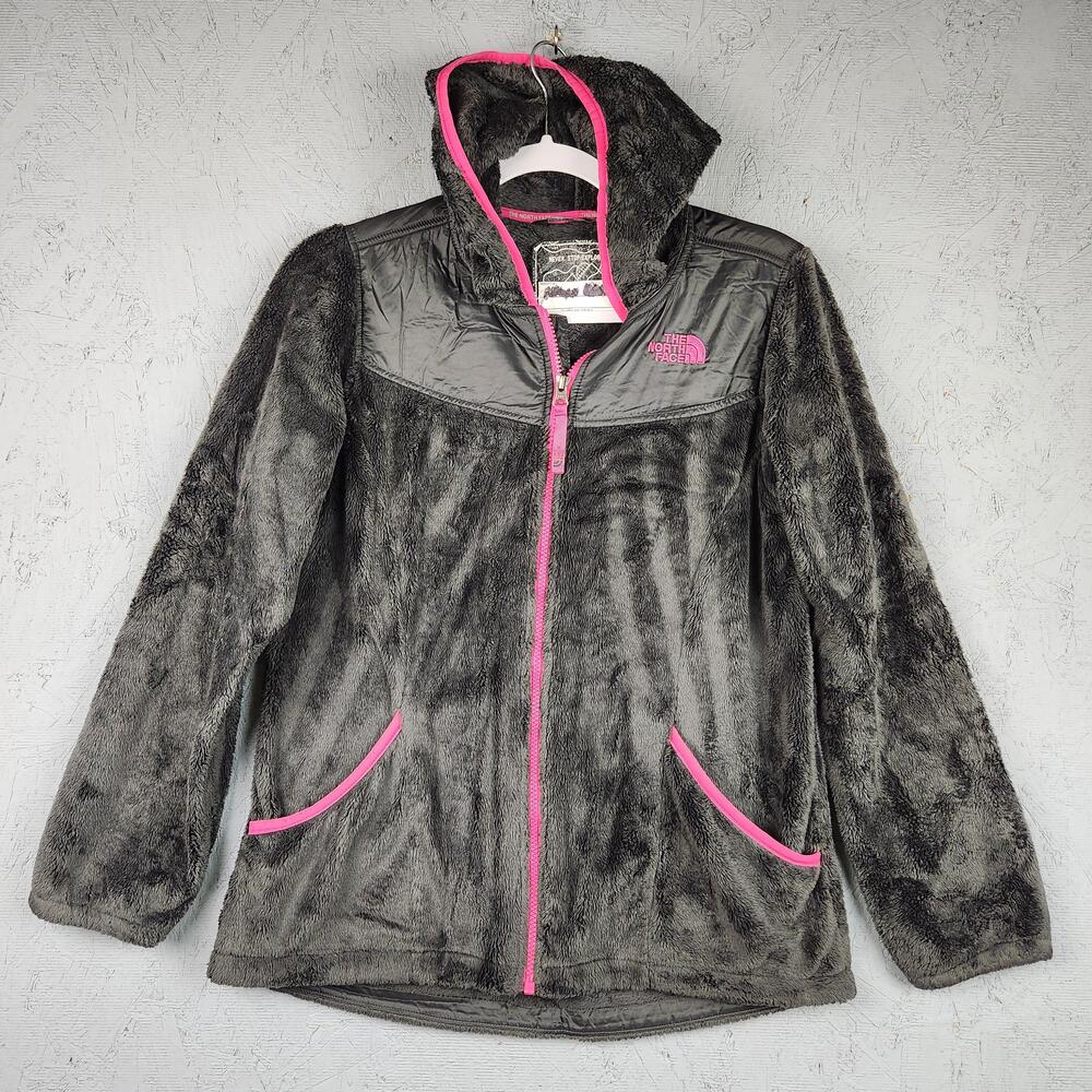 The North Face Plush Fleece Hooded Jacket Girls XL 18 Gray Pink Full Zip Logo